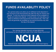 Acrylic Funds Availability Wall Sign with NCUA logo