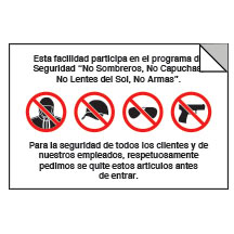 No Hats, Hoods, Sunglasses, Guns Decal - 6x4 - Spanish