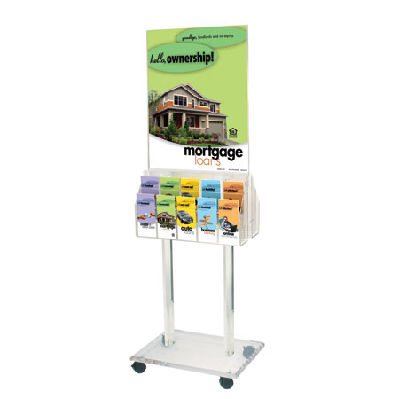 Rolling Clear Acrylic Floor Poster Stand - Two 10-Pocket Lit