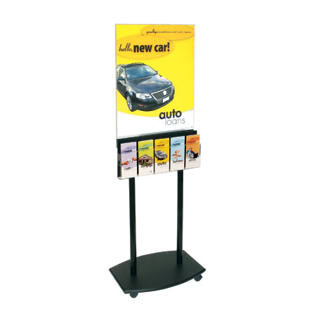 Rolling Black Floor Poster Stand - 5-Pocket Lit